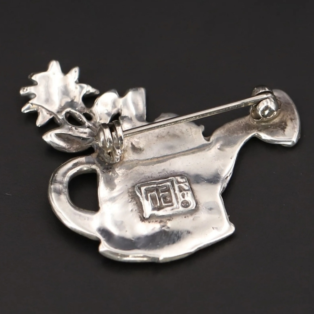 Vintage Sterling Silver MARY ENGELBREIT MEINK Watering Can Flowers Brooch Pin 7g - Picture 4 of 5